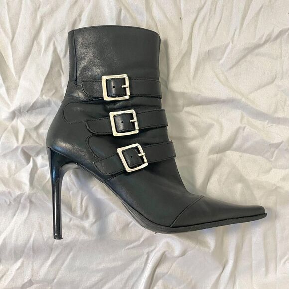 Bakers Helena Black Smooth Leather Pointy Toe Silver Buckle Stiletto Boots US 7 - Picture 2 of 8